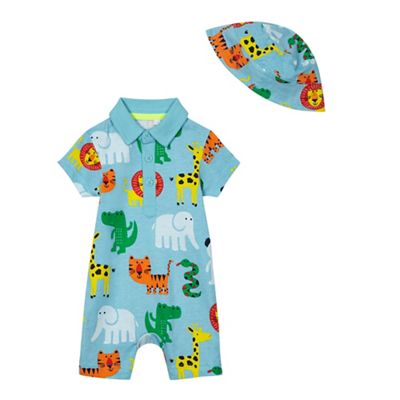 Baby boys' blue animal print romper suit and sun hat set